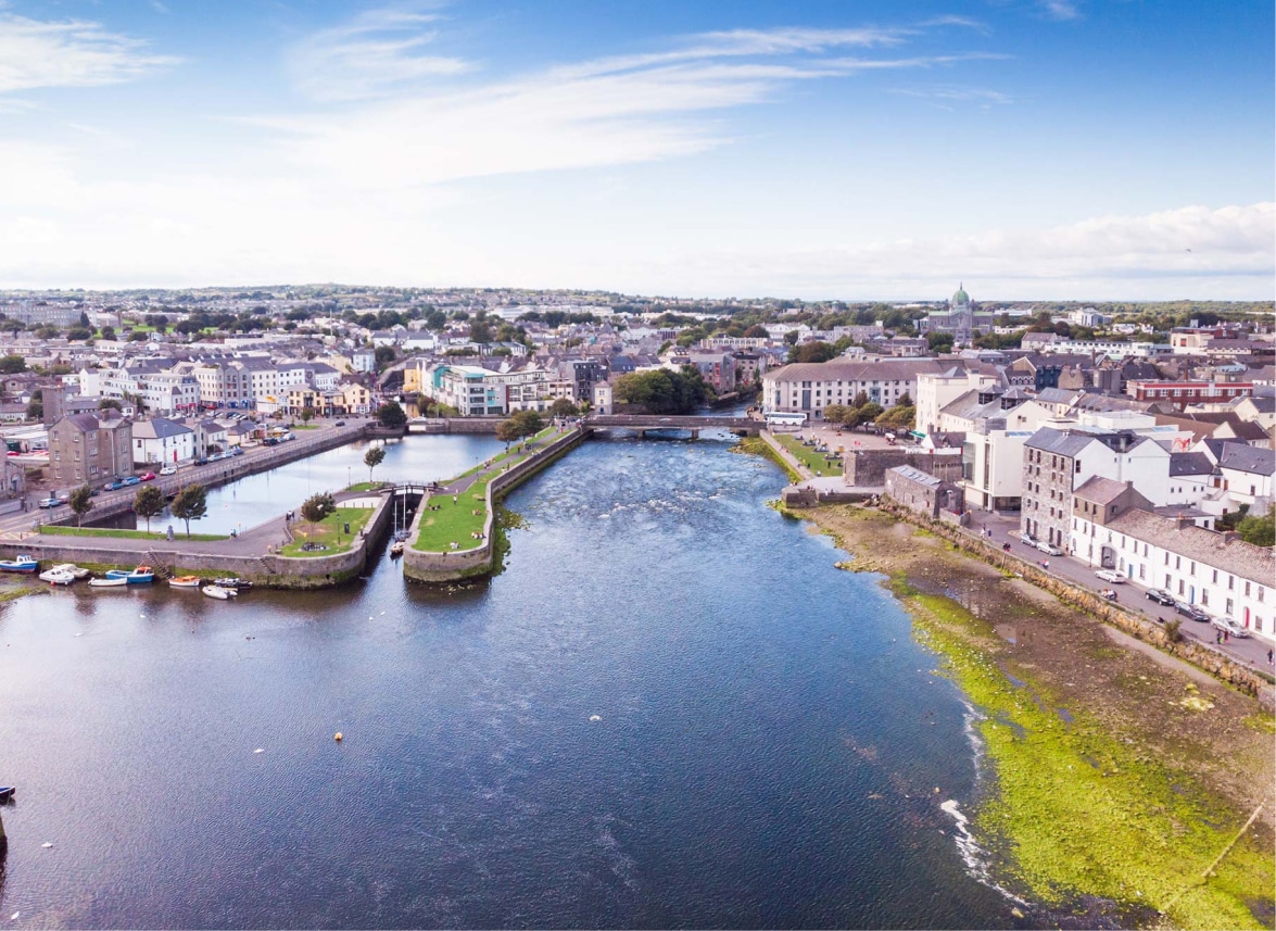 An aerial view of the River Corrib, Galway, Ireland.